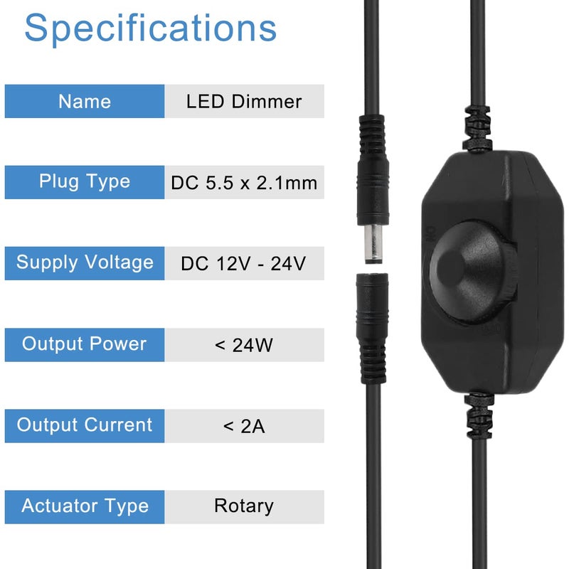 DKARDU LED Strip Light Dimmer Switch DC 12V Controller for Single Color 3528 5050 LED Strip Light, with DC 5.5 x 2.1mm Jack Adapter Cable Dimmable LED Controller, 2 PCS - Image 2